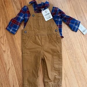 Carter's Tan Overalls with Blue and Red Plaid Shirt